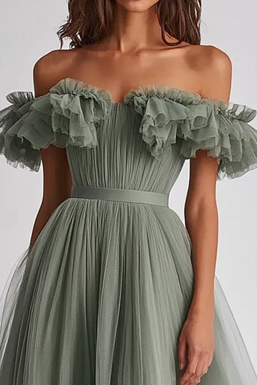 Dusty Sage Tulle Off The Shoulder Ruffled Ball Gown Long Formal Dress
